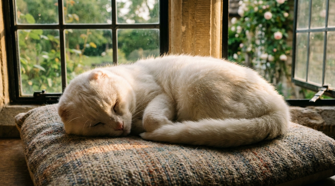 Une chatte blanche sans oreilles, Gracie, se repose paisiblement dans un fauteuil après avoir été adoptée.