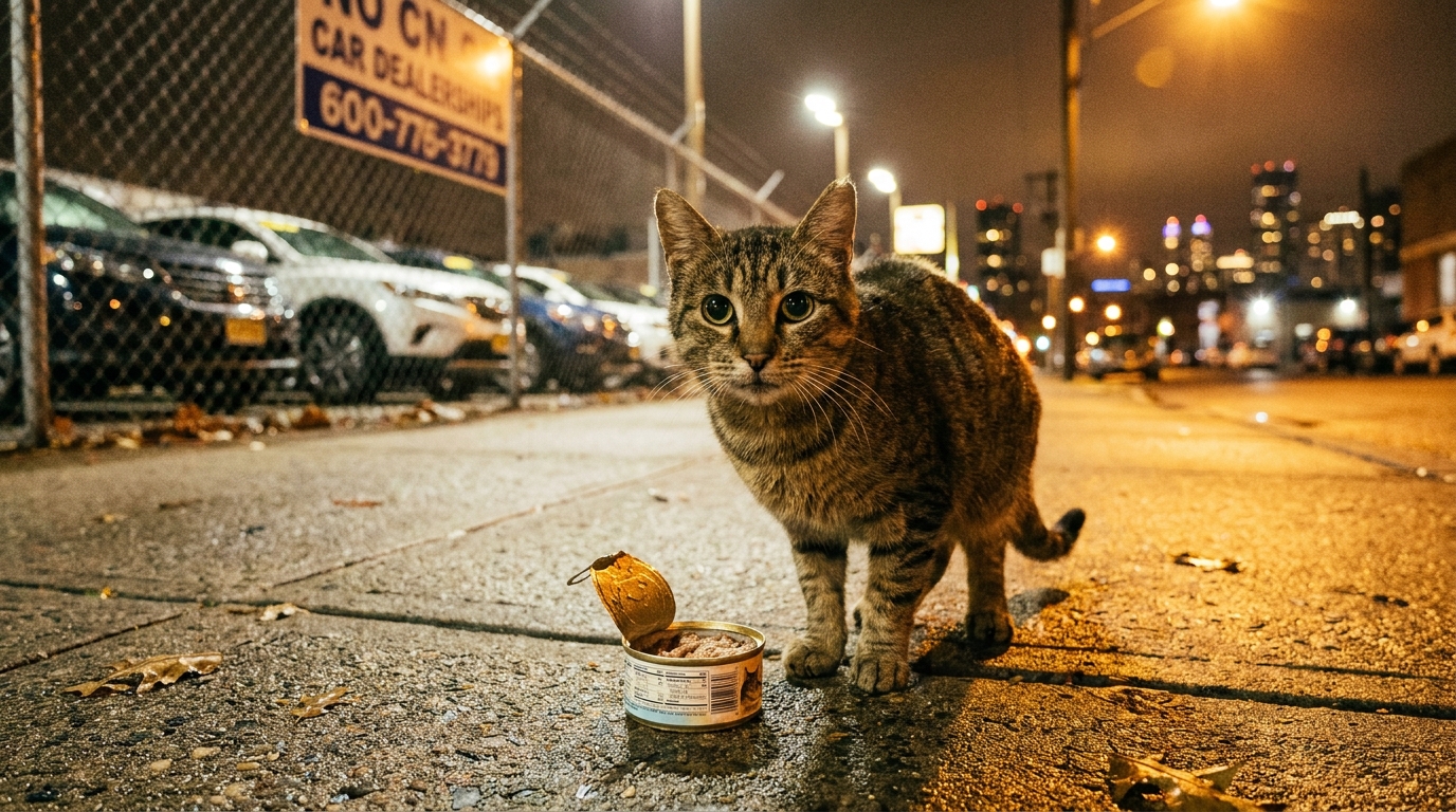 Une chatte tigrée maigre passe sa tête sous une clôture en grillage sur un parking, ses yeux fixés sur une boîte de nourriture posée au sol.