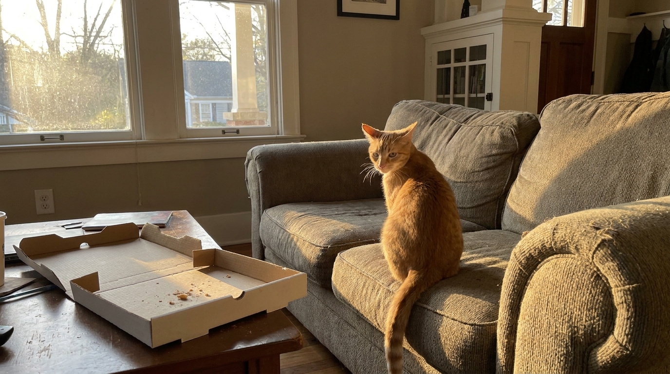 Une adorable chatte rousse est assise sur un canapé, le regard boudeur et les oreilles légèrement aplaties, l'air très mécontente.