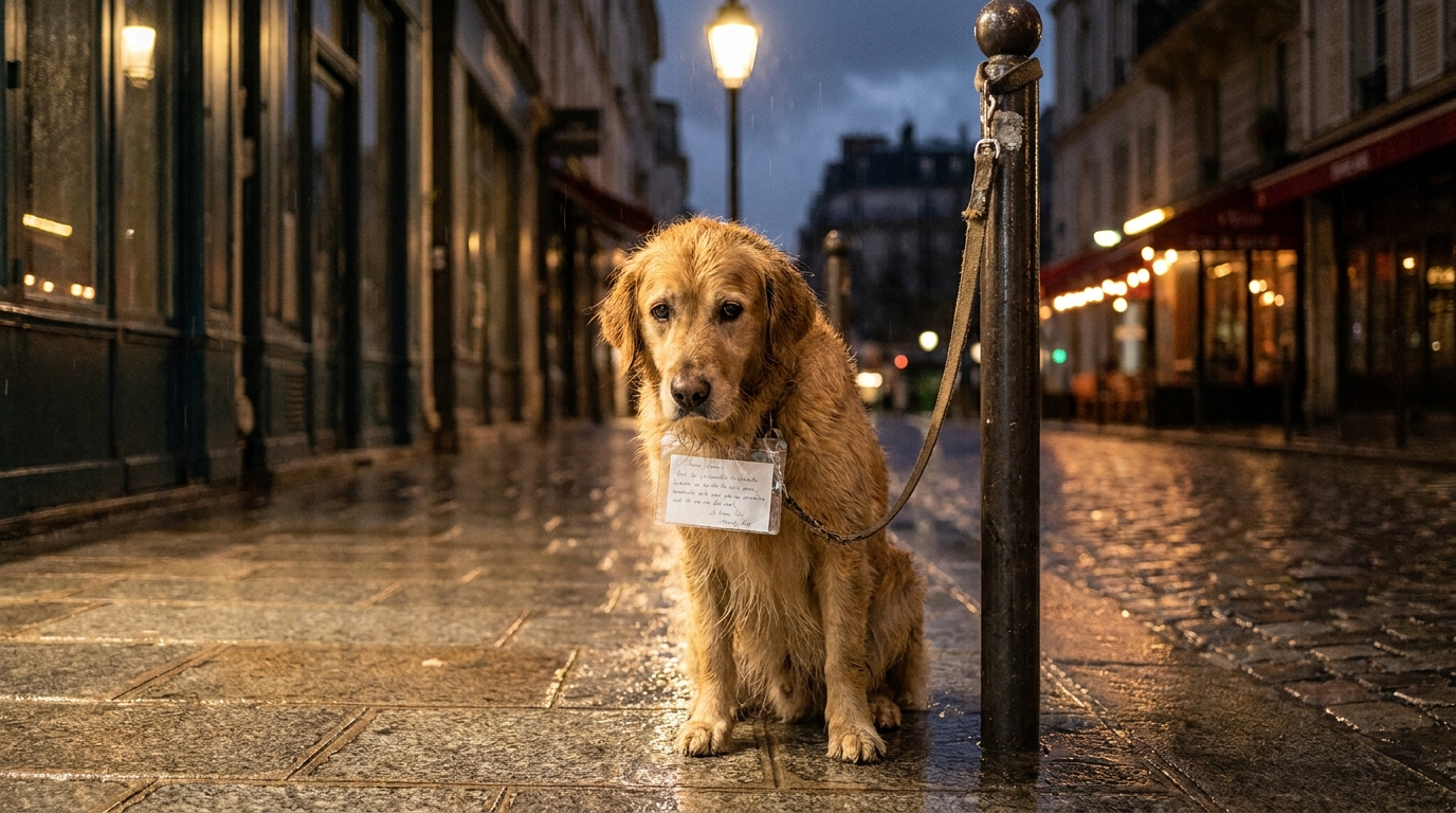 Un chien de type Golden Retriever, trempé par la pluie, est assis tristement à côté d'un poteau, avec une note attachée à son collier.
