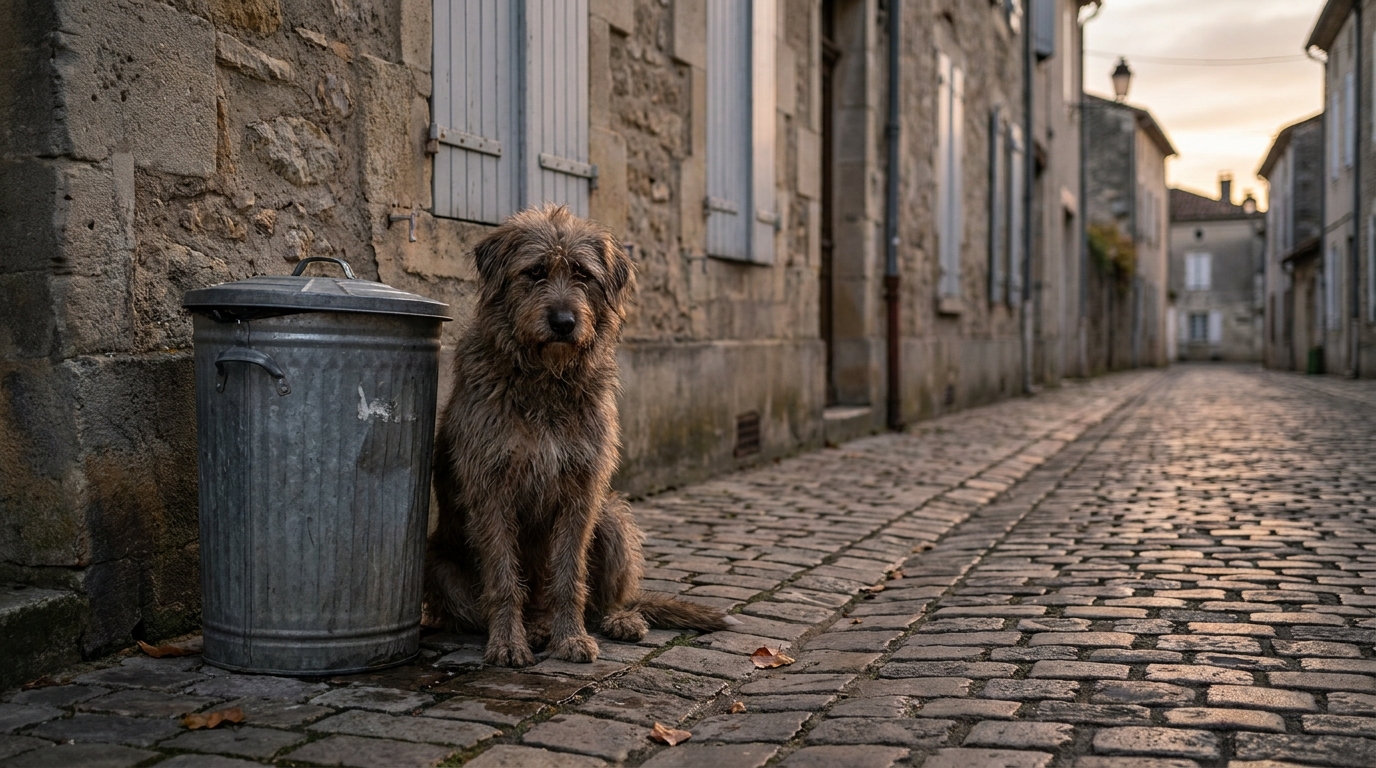 Un chien au regard triste assis seul dans une ruelle en France, symbolisant la solitude et l'abandon des animaux.