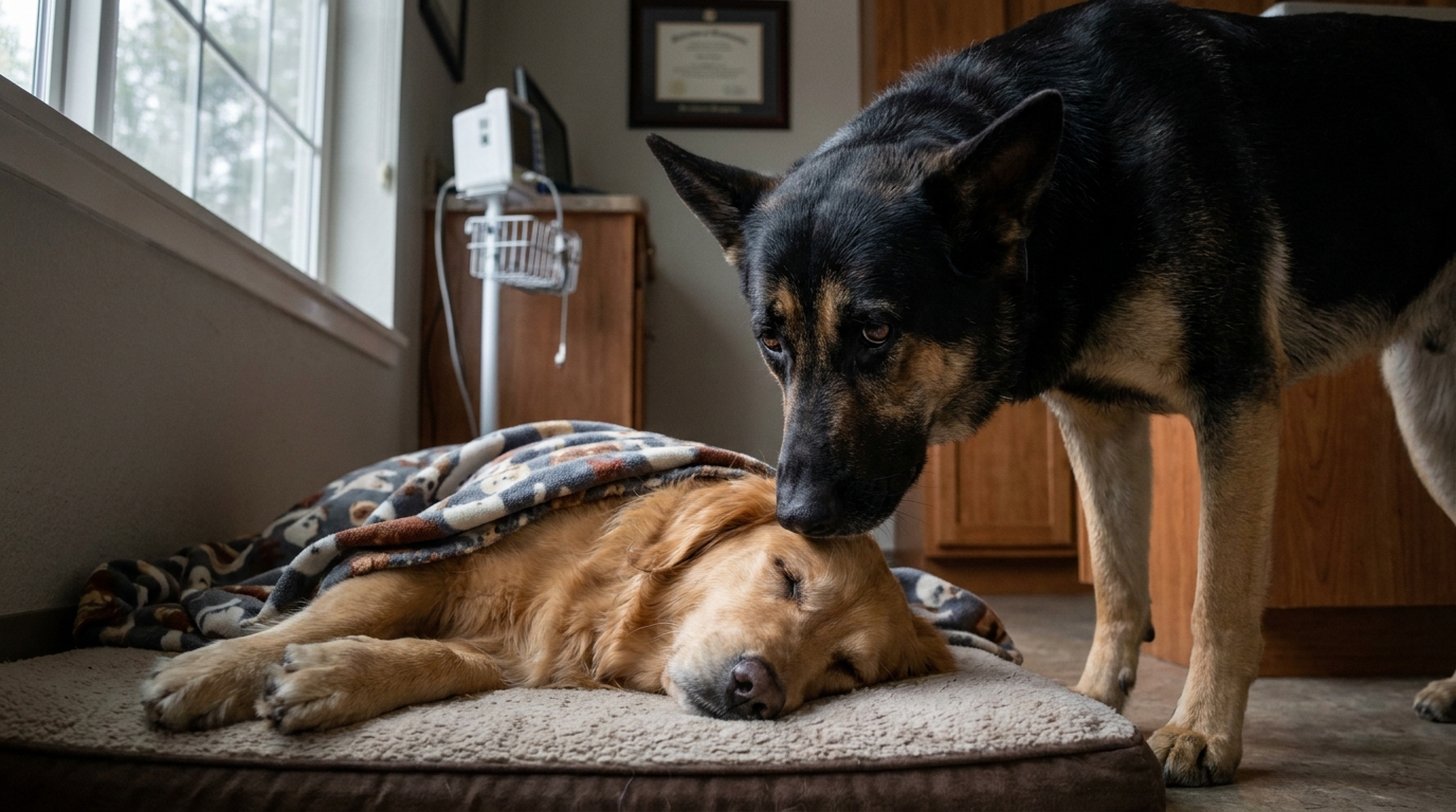 Un chien au pelage sombre se penche avec une infinie tristesse vers une autre chienne allongée sur une couverture, dans un geste d'adieu.