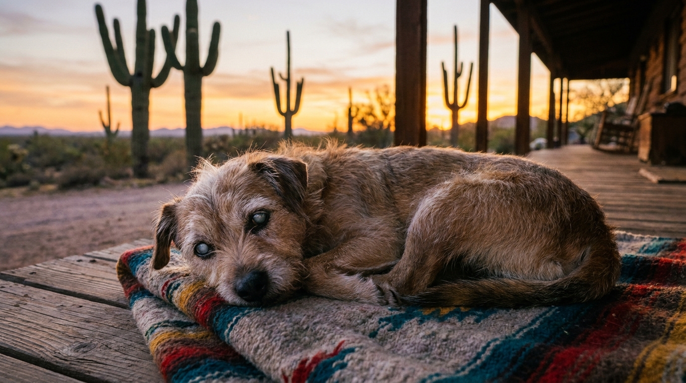 Iago, un chien âgé et aveugle, se repose paisiblement dans son panier au refuge Old Souls Animal Rescue en Arizona.