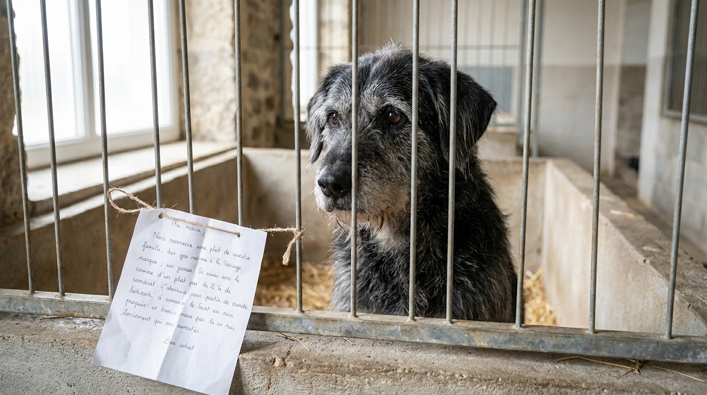 Un chien senior au regard touchant attend une famille dans son box de refuge, avec une lettre accrochée à sa grille.