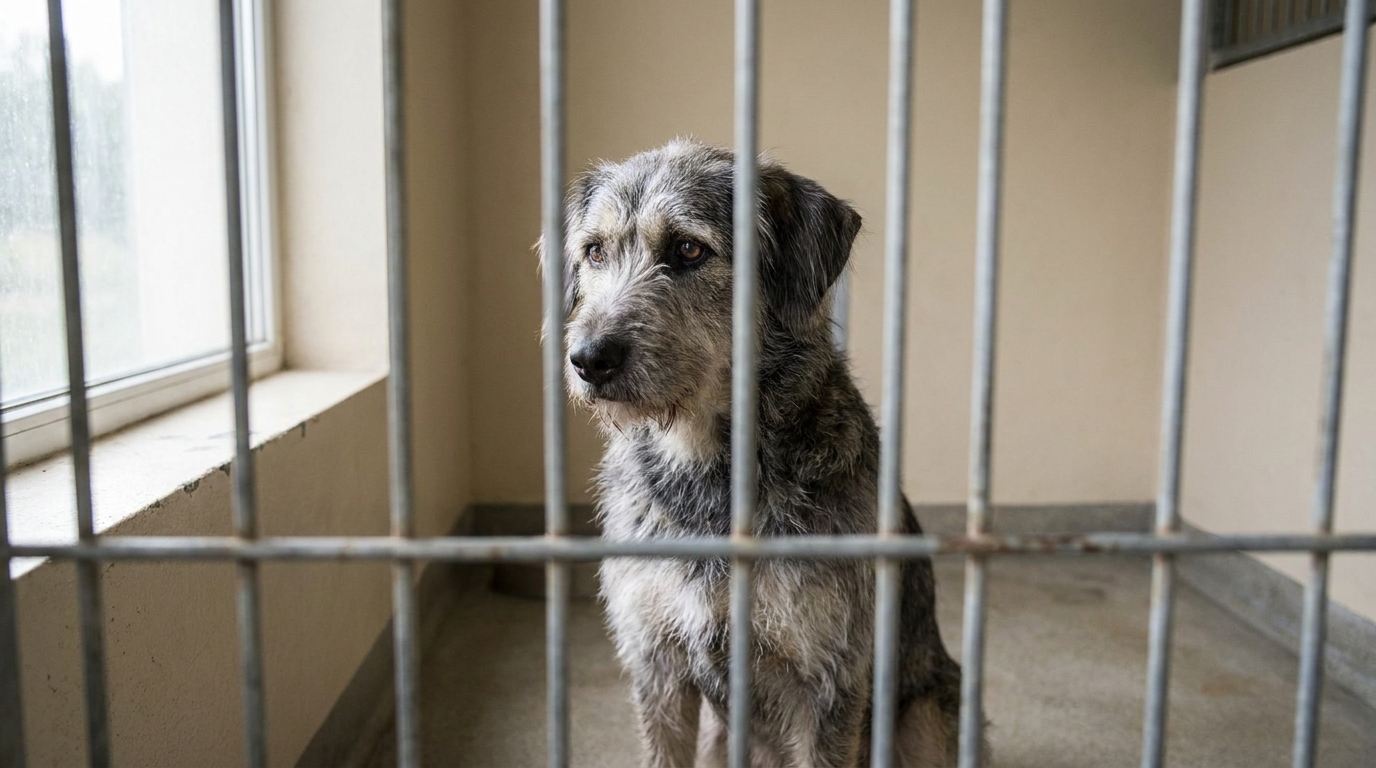 Un chien de race croisée au pelage grisonnant, l'air triste, regarde avec espoir à travers les barreaux de son box dans un refuge animalier.