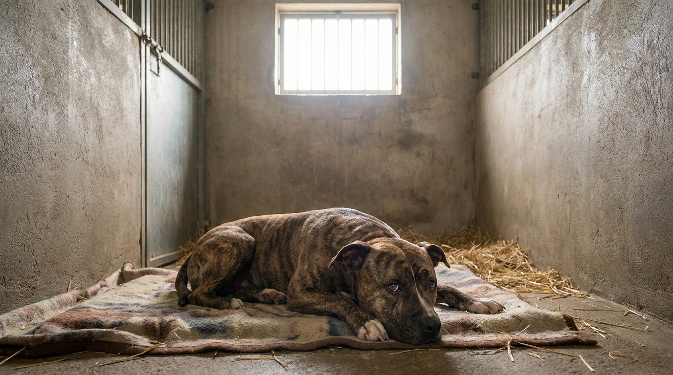 Un chien de type American Staffordshire Terrier au regard triste, couché dans son box de refuge, attendant une nouvelle chance.