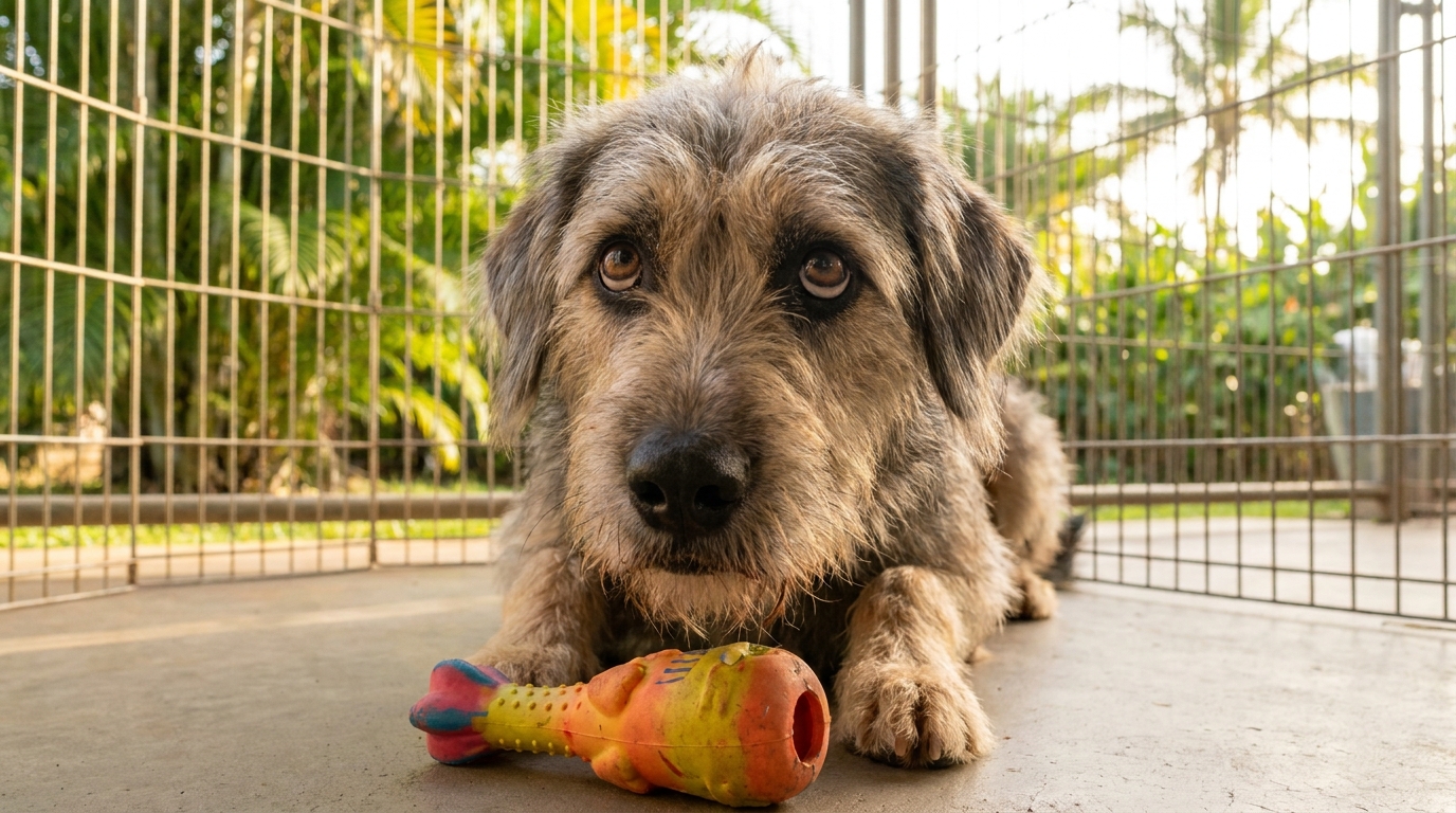Un chien au regard triste mais plein d'espoir, tenant délicatement un jouet qui couine dans sa gueule, à l'intérieur d'un chenil.