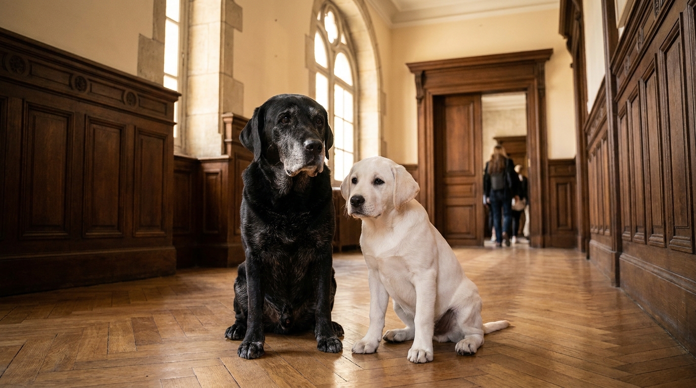 Un labrador noir plus âgé assis à côté d'un jeune labrador blanc dans le couloir solennel d'un tribunal français.