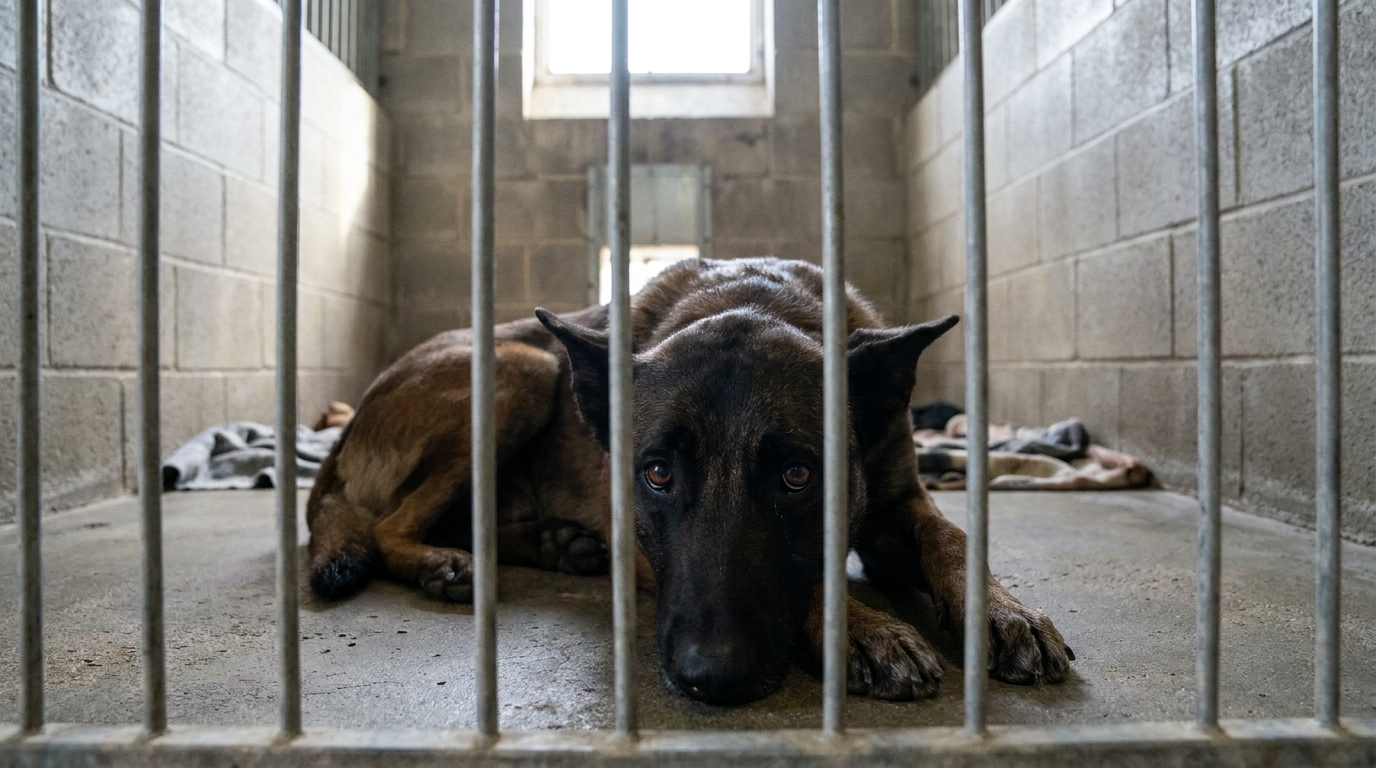 Un chien de type berger belge malinois au regard triste, la tête posée entre ses pattes derrière les barreaux d'un box de refuge.