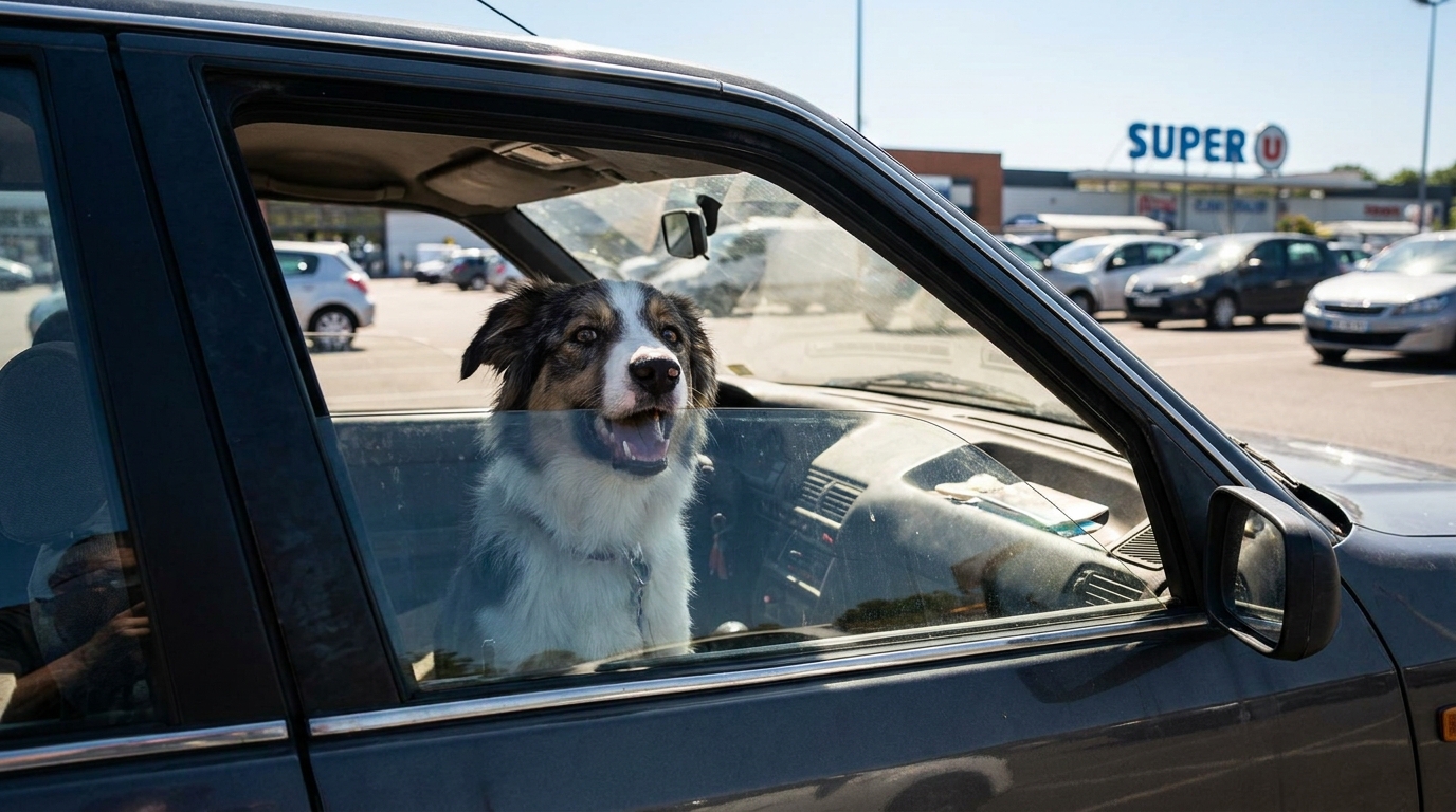 Un jeune chien de berger regarde tristement par la fenêtre d'une voiture, le soleil tapant sur la vitre.