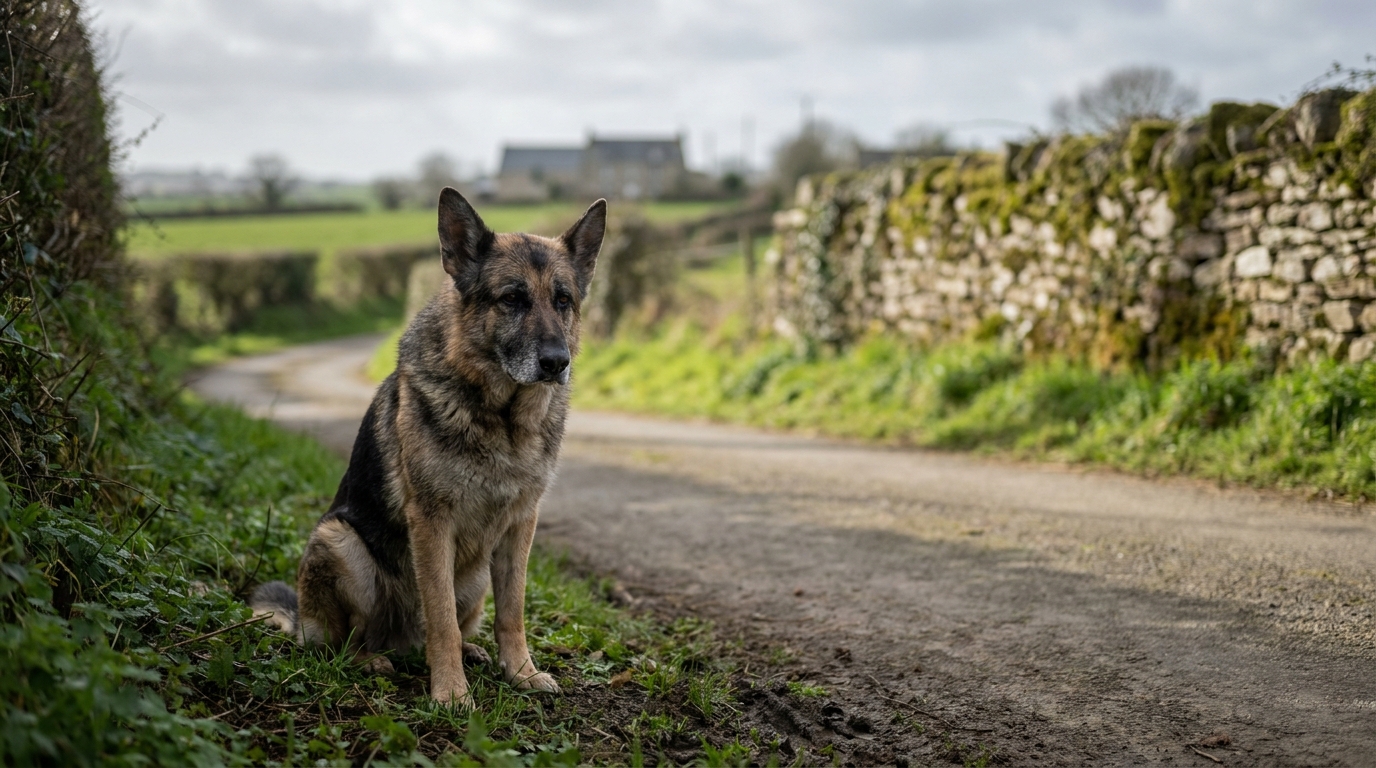 Un chien de type berger regarde tristement sur le bord d'une route en Bretagne, symbolisant la tragédie et la solitude de l'animal.