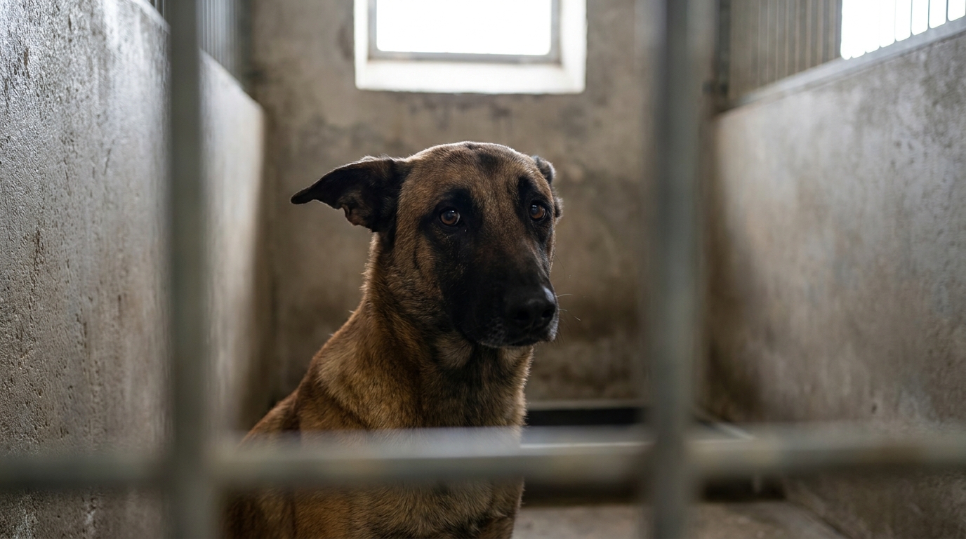 Un chien de type berger allemand ou malinois, l'air triste et inquiet, regarde à travers les barreaux de son box dans un refuge.