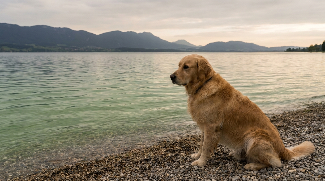 Un chien assis sur la rive d'un lac suisse, l'eau montrant des signes de prolifération d'algues toxiques, illustrant le danger de la baignade.
