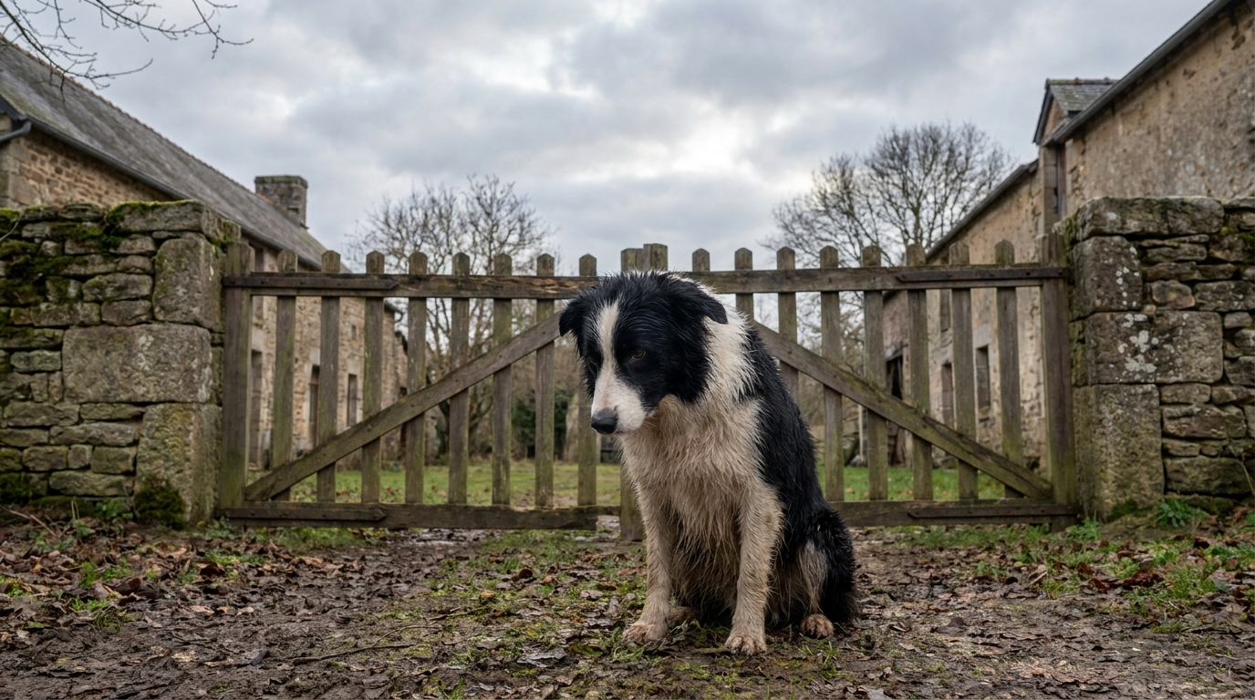 Un Border Collie au regard mélancolique assis devant une maison de la Sarthe, symbolisant la perte du chien Rantanplan.