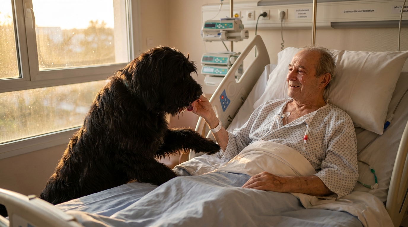 Un grand chien briard noir, couché près du lit d'hôpital de son maître, lui léchant doucement la main dans une chambre lumineuse.