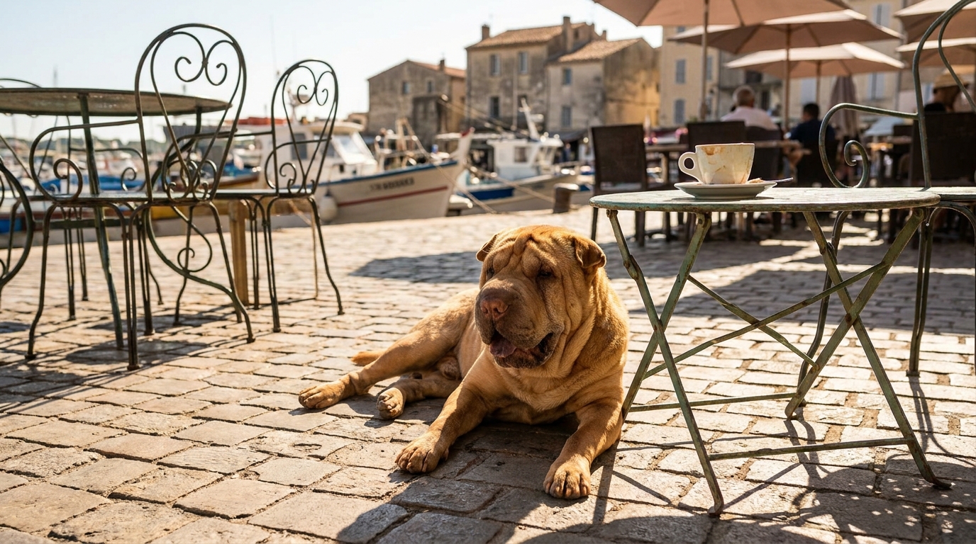 Un chien de race Shar Pei couché sur un sol en pierre sur une terrasse ensoleillée, illustrant le danger du bitume brûlant en été.