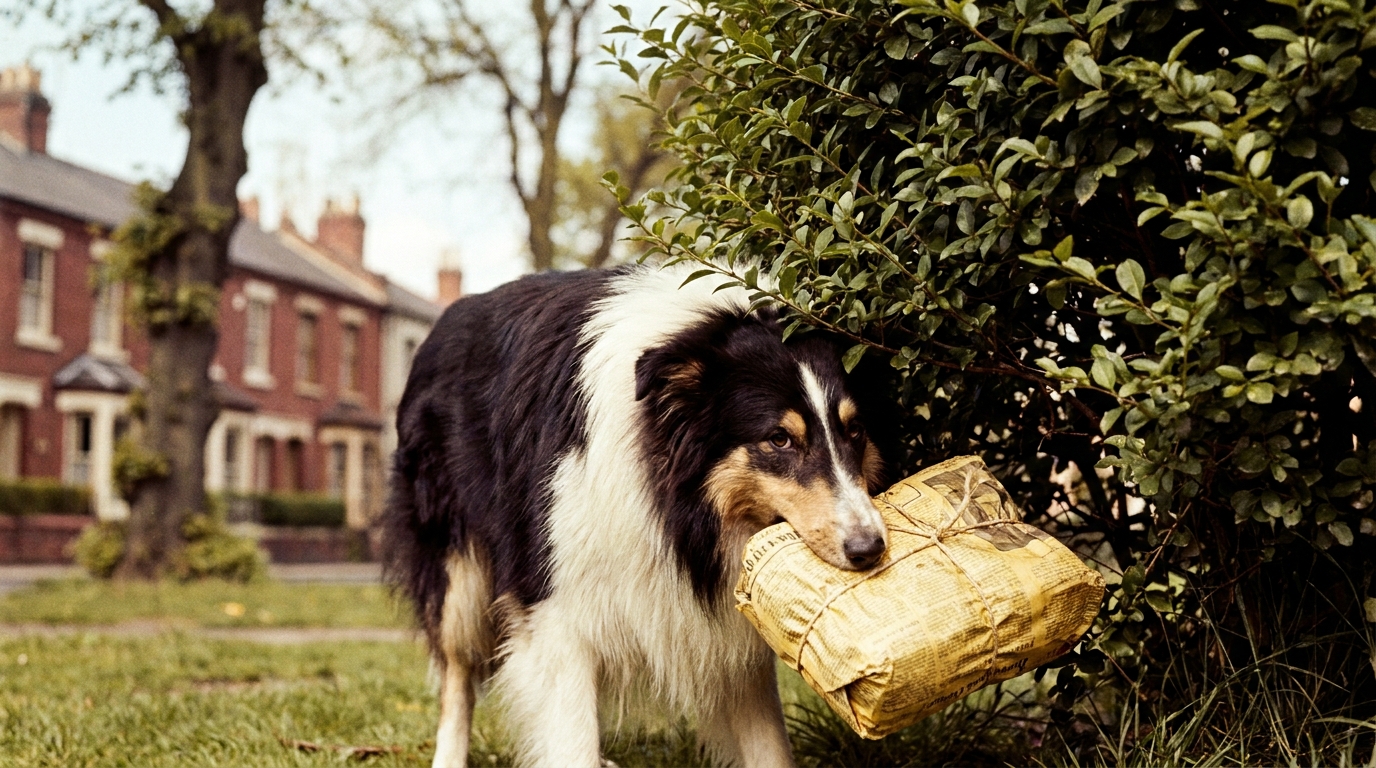 Un chien de type colley noir et blanc reniflant avec curiosité un paquet sous un buisson dans un parc londonien.