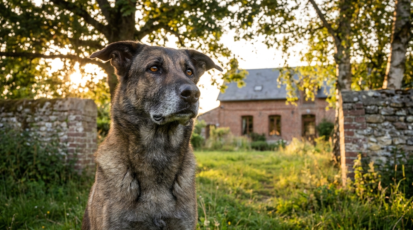 Un chien croisé berger allemand et malinois couché paisiblement dans l'herbe, regardant vers l'objectif avec des yeux doux, suggérant l'espoir.