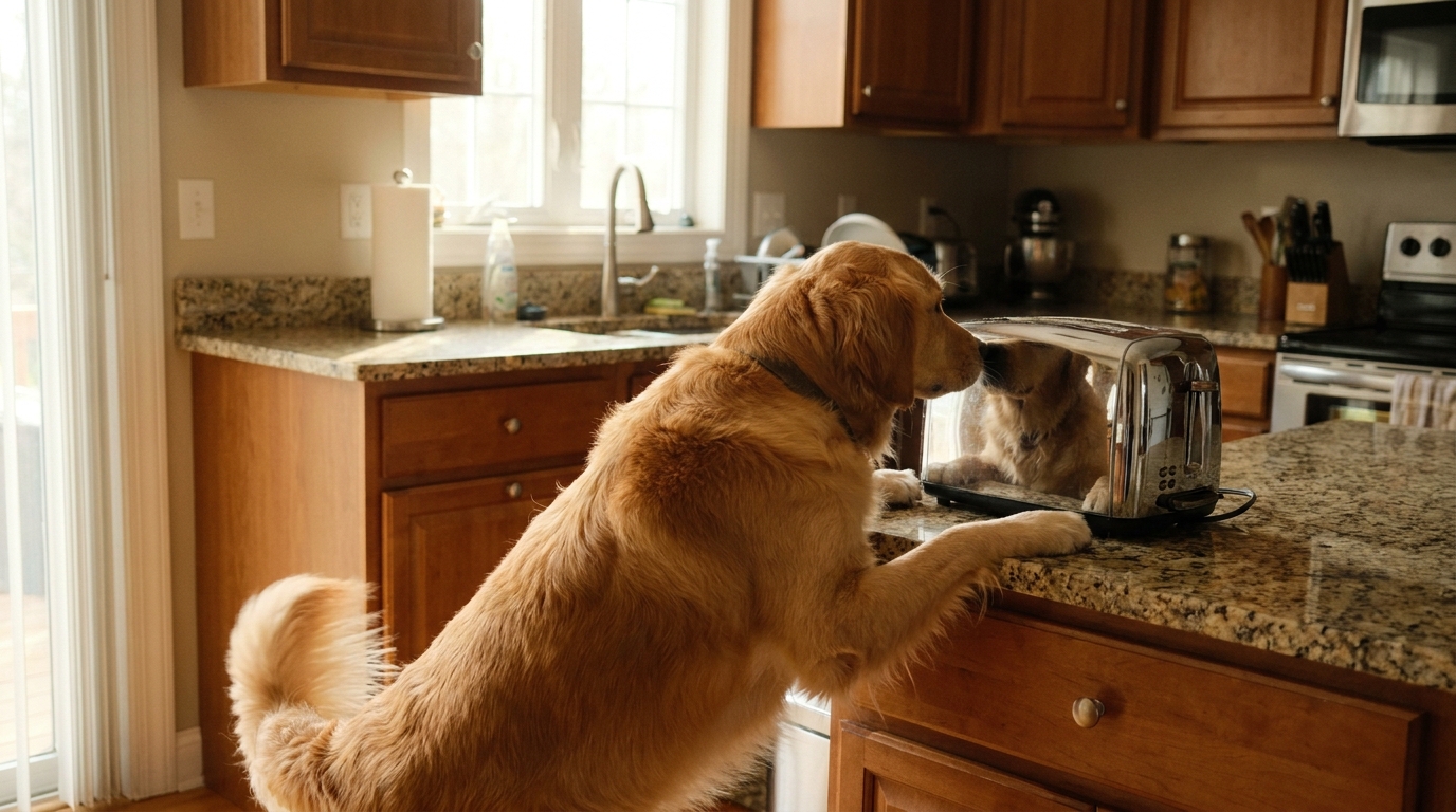 Un chien de type labrador se tient sur ses pattes arrière, le nez près d'un grille-pain sur un plan de travail de cuisine.