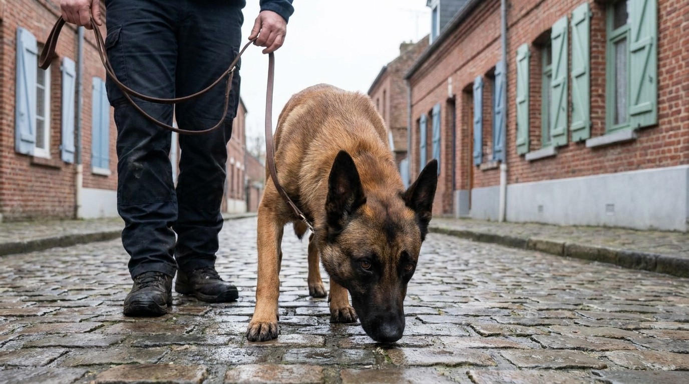 Un chien de travail, type berger, concentré, reniflant le sol sur un trottoir dans une ville du nord de la France, à côté de son maître-chien.