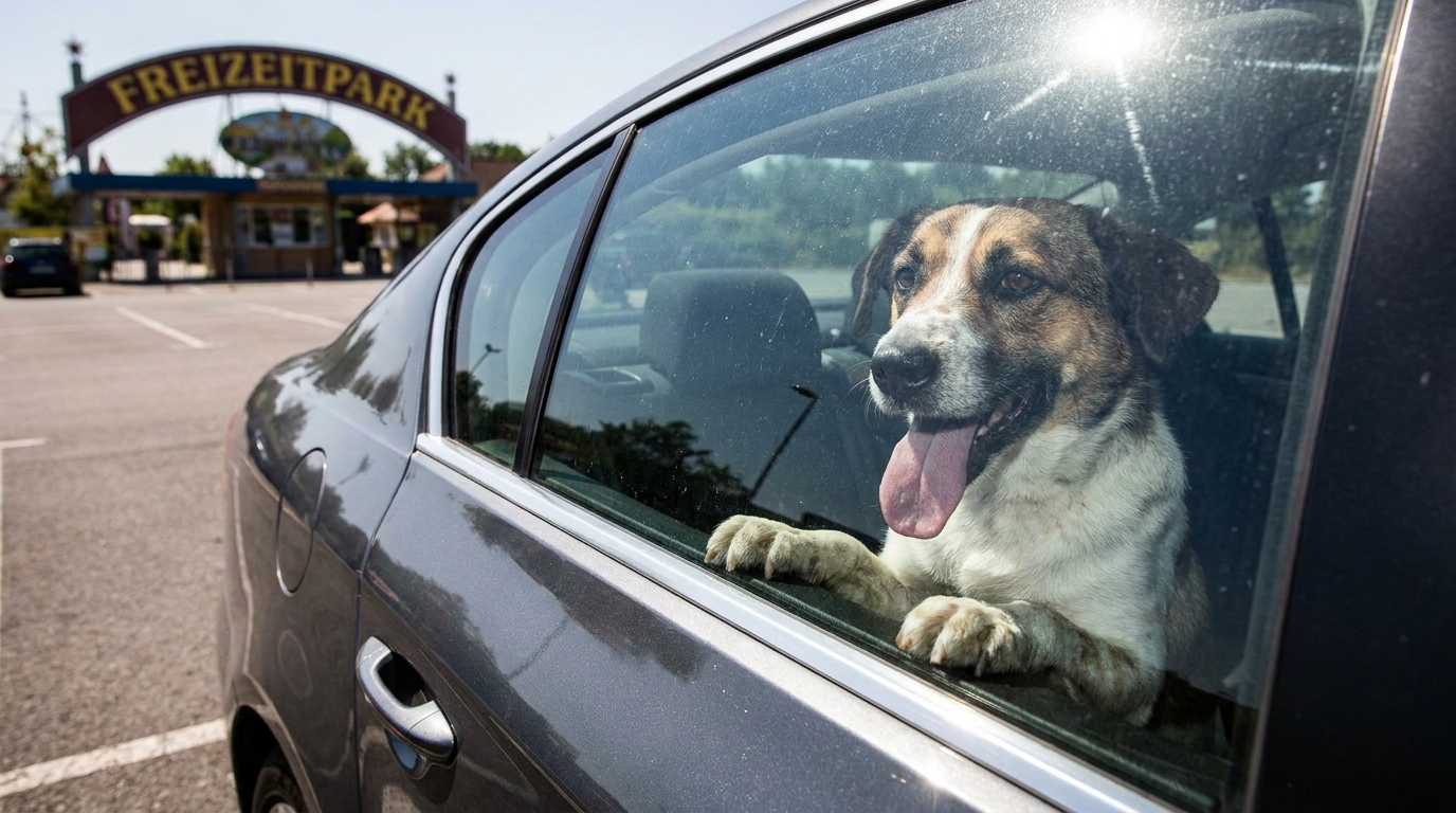 Un chien haletant, langue pendante, regarde à travers la vitre fermée d'une voiture garée au soleil sur le parking d'un parc d'attractions.
