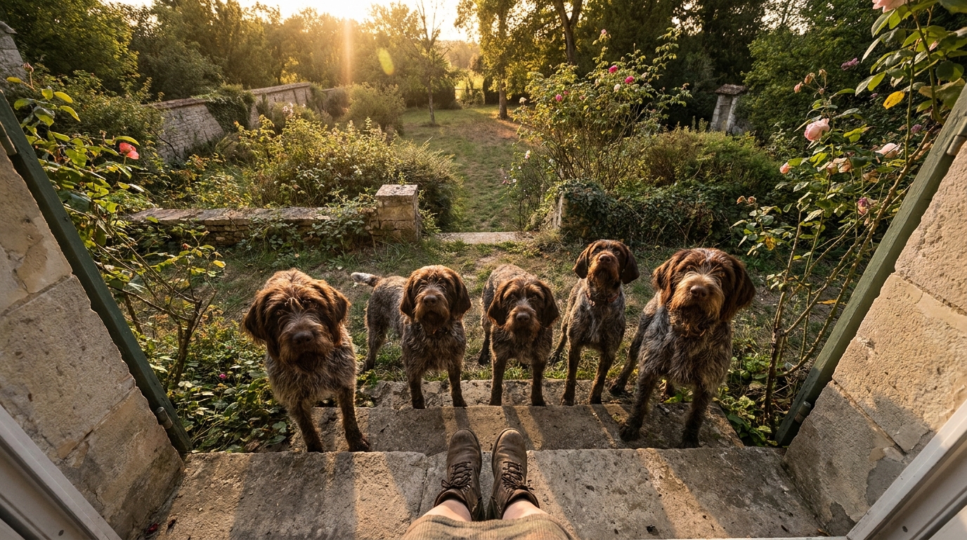 Un chien de chasse de race drahthaar, au pelage poil dur, se tient dans un jardin, le regard fixé avec intensité.