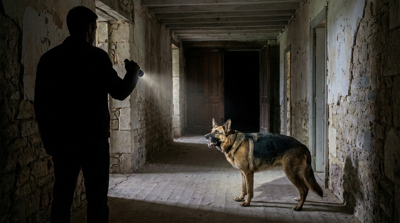 Un chien de type Golden Retriever se tient figé et inquiet à l'entrée d'une pièce sombre et poussiéreuse dans une vieille maison abandonnée.