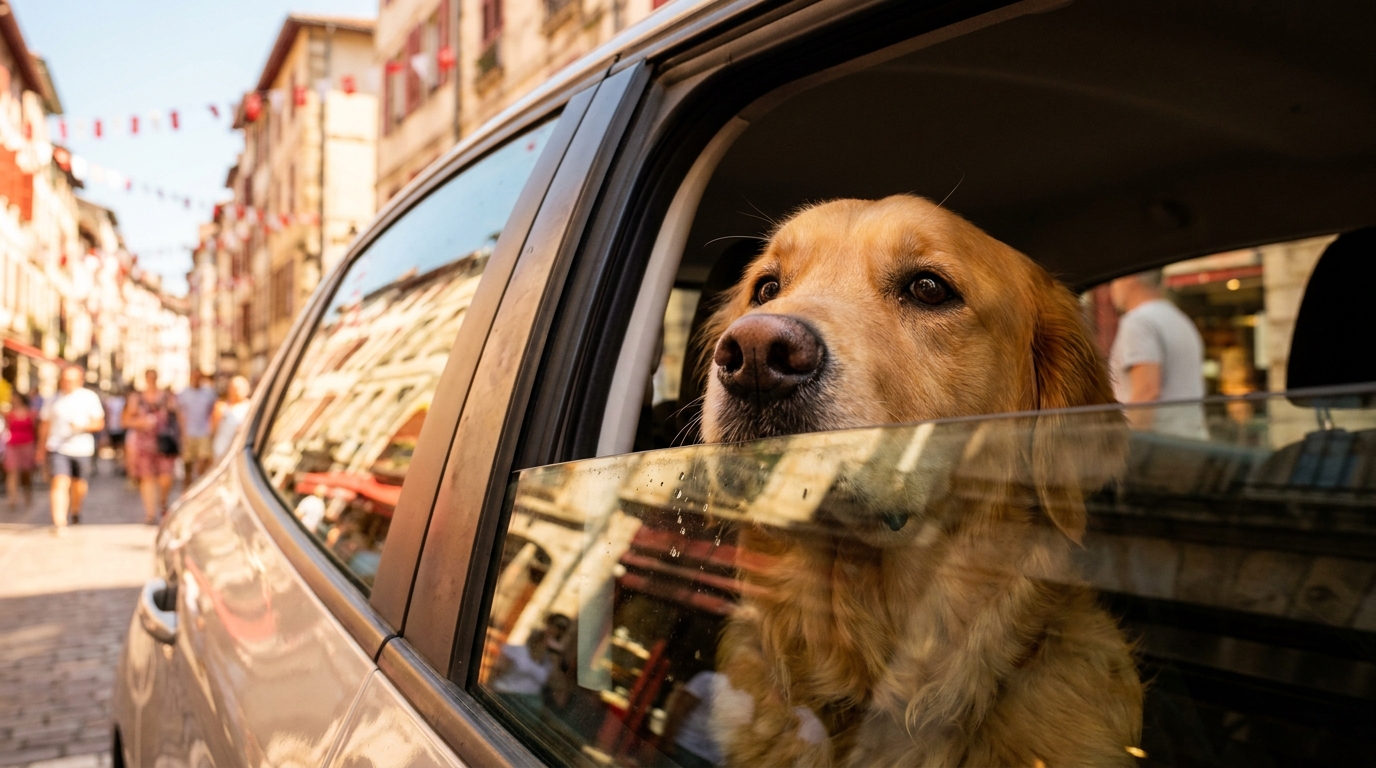 Un chien haletant regarde par la fenêtre d'une voiture, abandonné en pleine chaleur pendant un festival.
