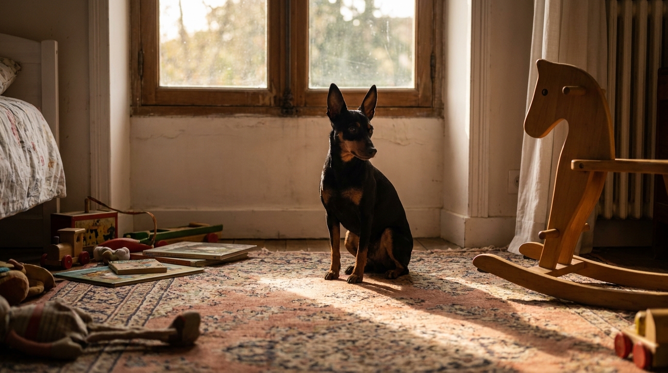 Un petit chien de type English Toy Terrier, au pelage noir et feu, assis sagement sur un canapé dans un salon moderne et lumineux.