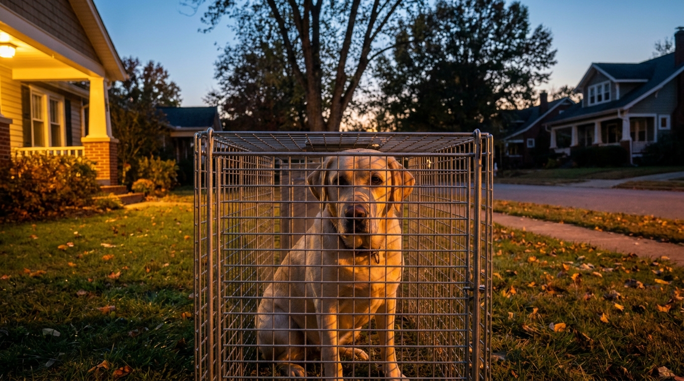Un chien croisé Labrador couleur sable, l'air craintif mais soulagé, regarde à travers les barreaux d'une cage de capture humanitaire.