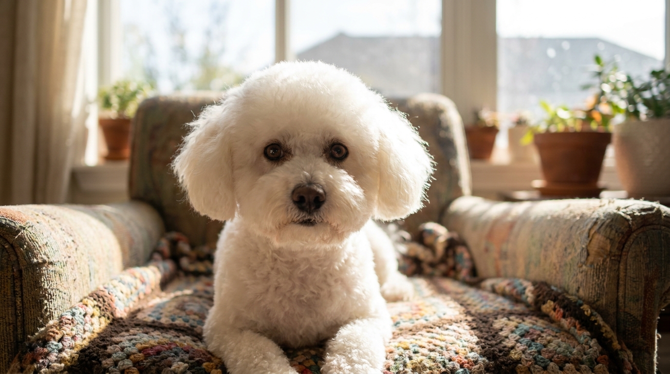 Un petit chien blanc à l'air reconnaissant, fraîchement toiletté, assis sur une couverture dans un refuge après son sauvetage.