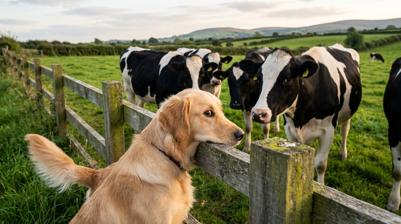 Un Golden Retriever tout excité regarde un troupeau de vaches curieuses à travers la clôture d'un pré en Irlande du Nord.