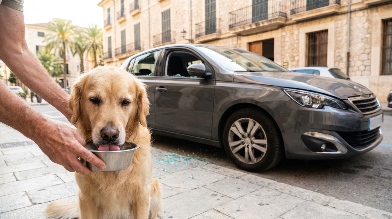 Un Golden Retriever haletant est secouru à côté d'une voiture à la vitre brisée, des passants bienveillants lui donnent de l'eau.
