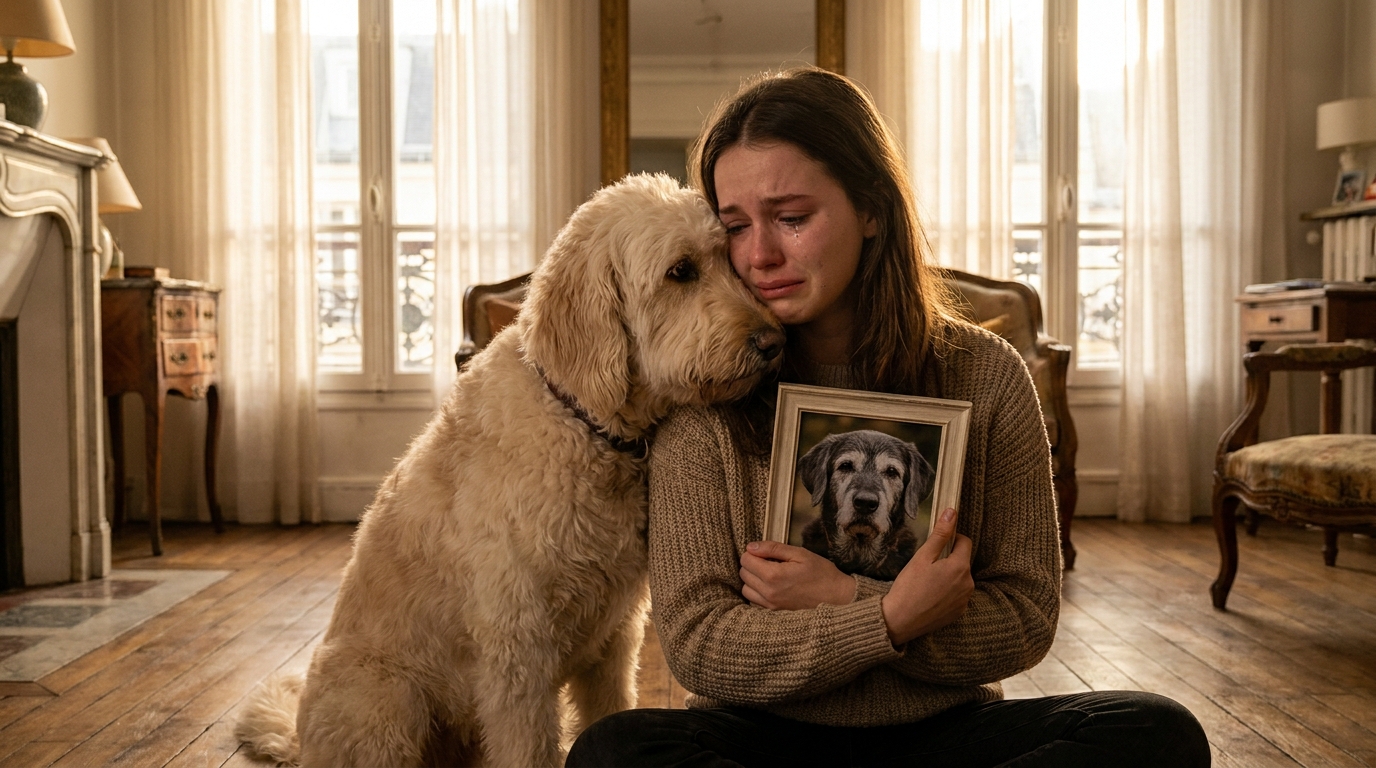 Un adorable chien Goldendoodle de couleur claire blotti tendrement contre sa maîtresse assise sur un canapé, l'air triste.