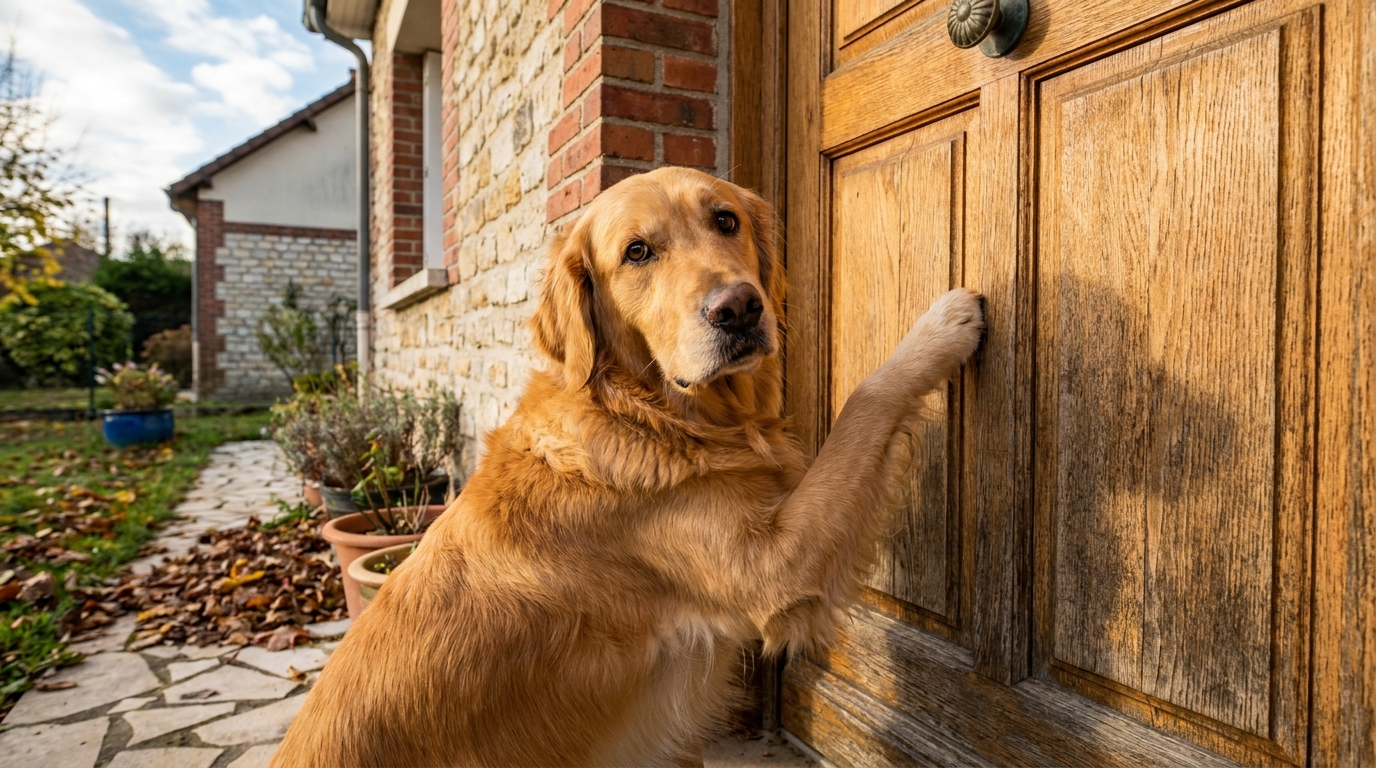 Un Golden Retriever inquiet gratte avec insistance à la porte d'entrée en bois d'une maison, le regard tourné vers son maître.