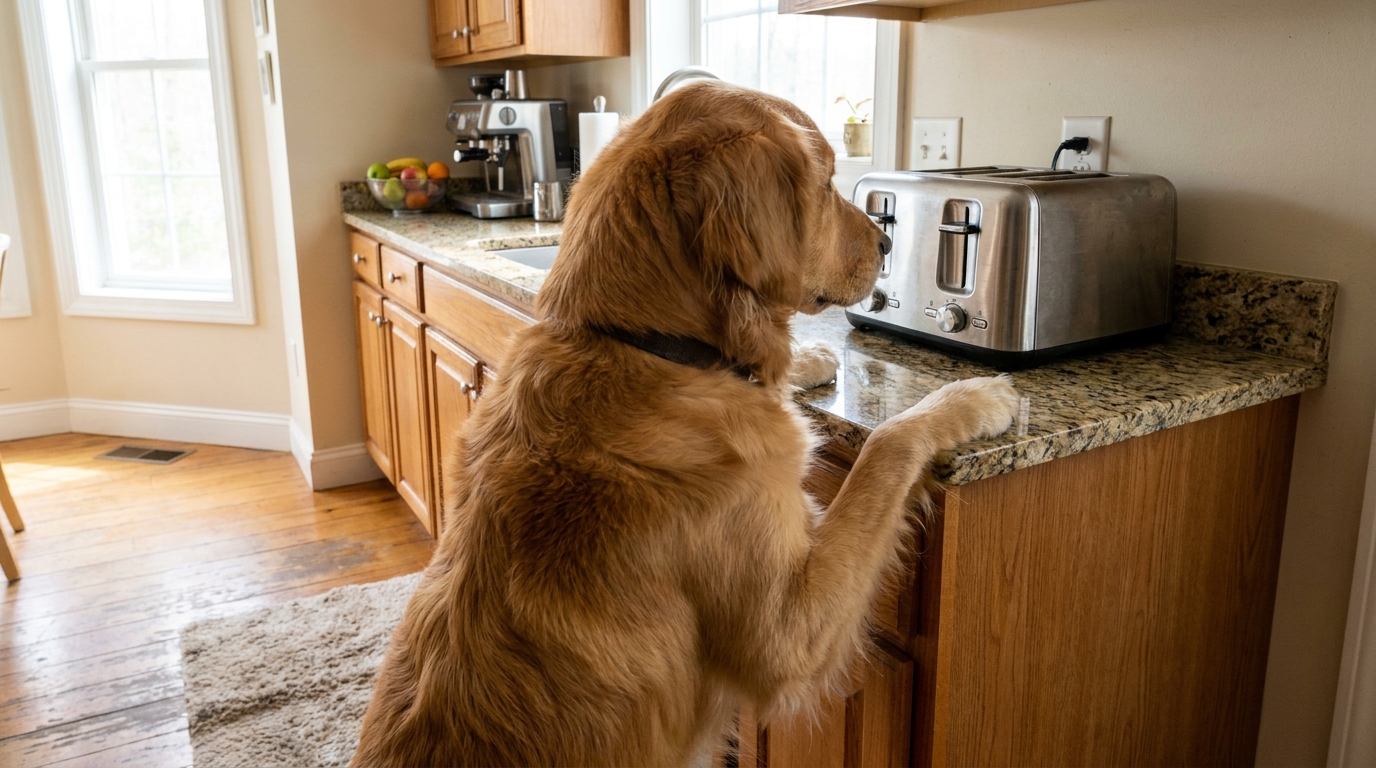 Un chien, vu de dos, regarde avec curiosité un grille-pain posé sur un plan de travail de cuisine, illustrant le risque d'incendie domestique.