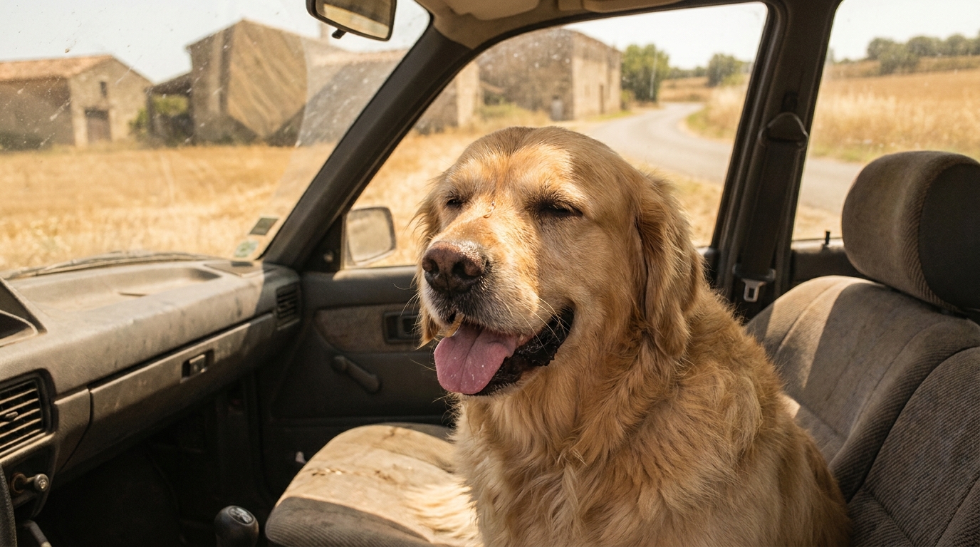 Un chien au visage triste est assis dans un habitacle surchauffé, haletant fortement, illustrant le danger de la chaleur.