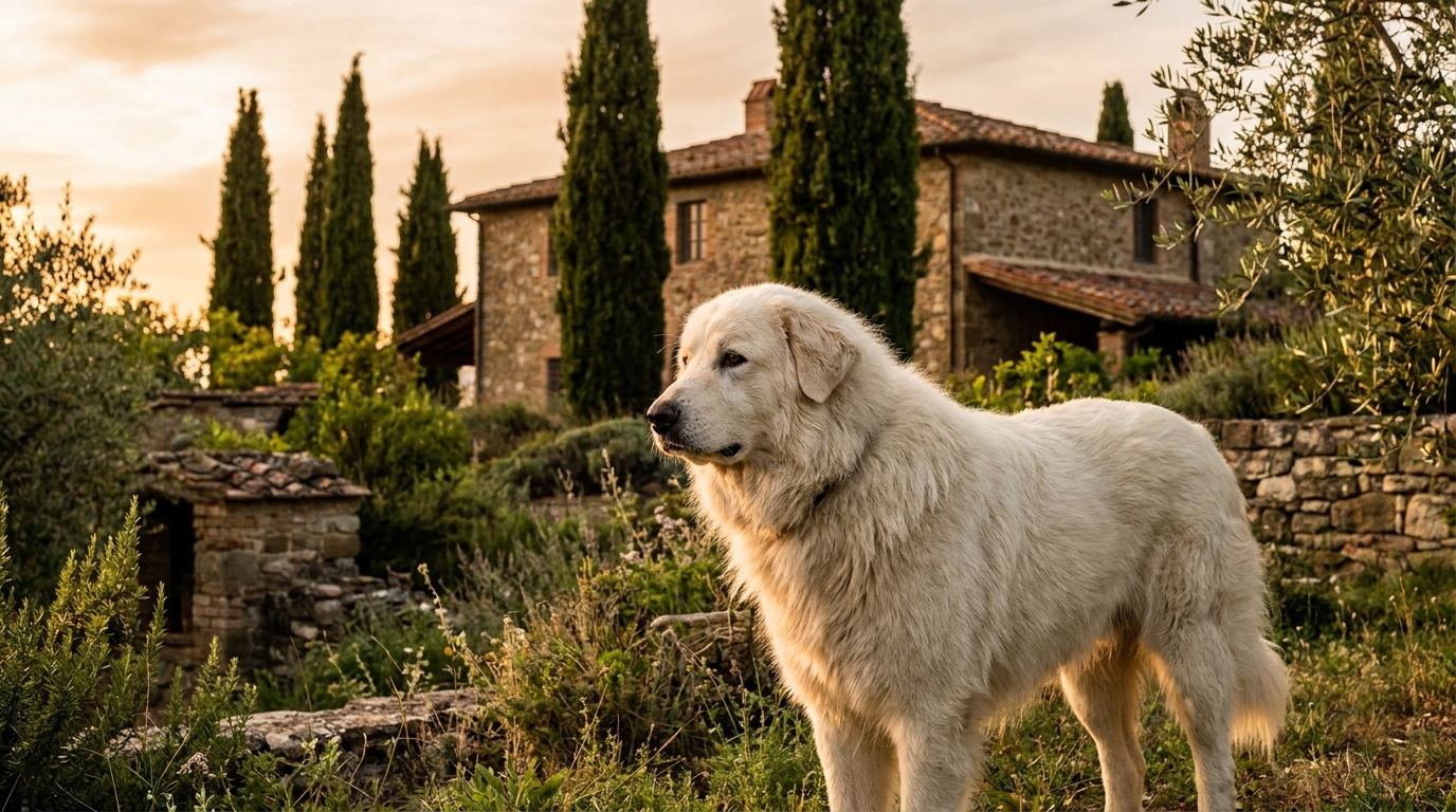 Une chienne de race italienne se tient en alerte dans un jardin de Toscane, incarnant le courage et la protection d'une famille.