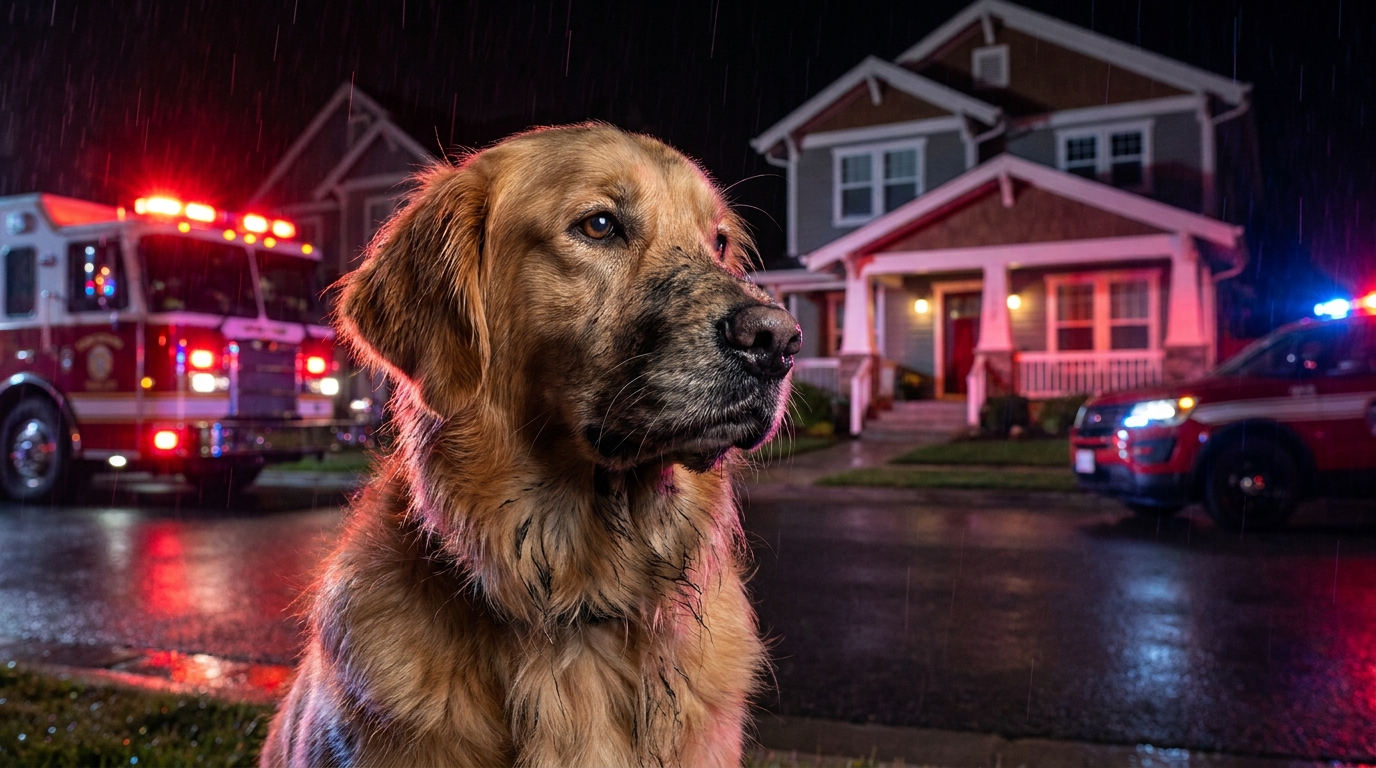 Un chien au regard loyal assis devant une maison après un incendie, symbolisant le courage et le sauvetage de son maître.