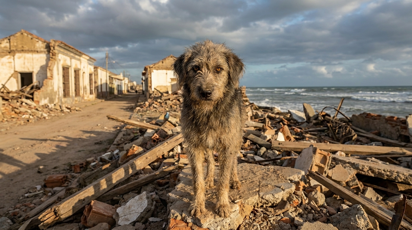 Un chien errant au regard déterminé se tient au milieu des décombres d'une ville vénézuélienne après un séisme.