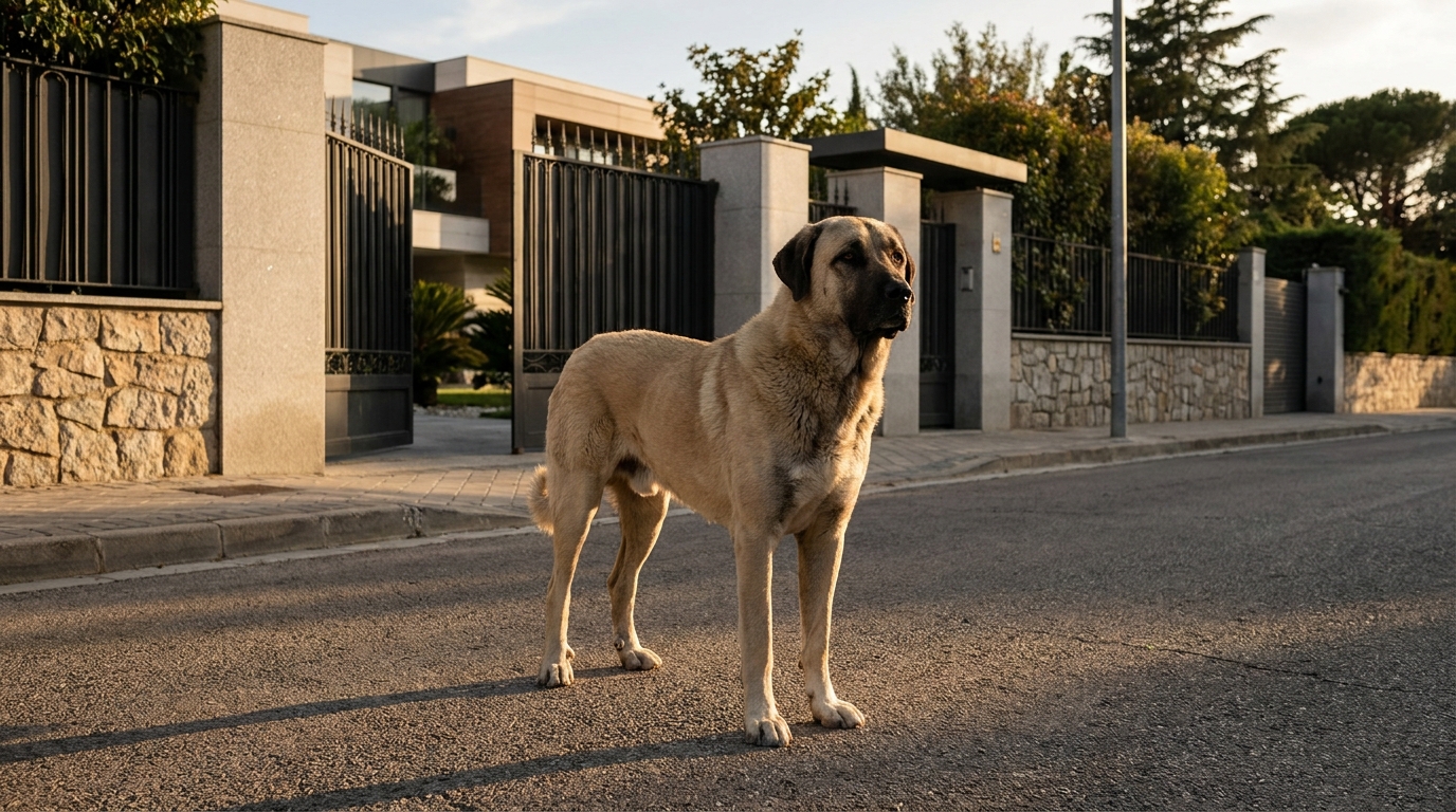 Un grand chien de type Kangal, couleur sable, se tient au milieu d'une rue résidentielle chic, avec une expression alerte.