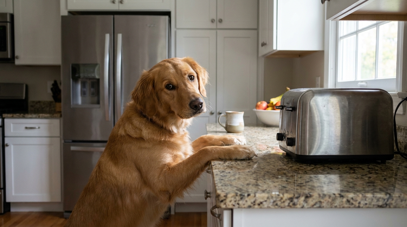 Un chien de race Labrador, l'air curieux, est debout sur ses pattes arrière et regarde un grille-pain posé sur un comptoir de cuisine moderne.