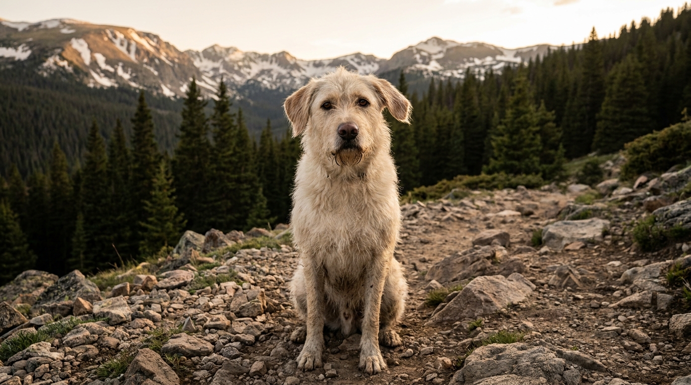 Un chien croisé Labrador-Berger, au pelage clair, assis sur un sentier de montagne rocailleux, regardant au loin avec espoir.