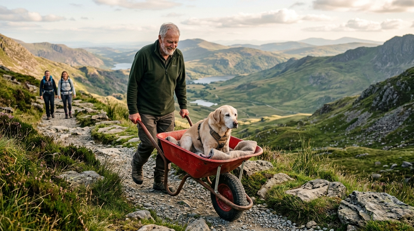 Un homme pousse son chien âgé dans une brouette sur un sentier de montagne