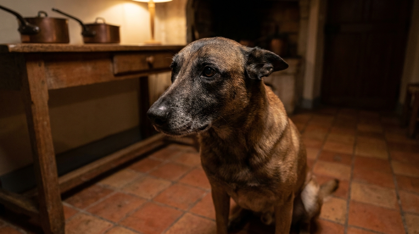 Un berger belge malinois au regard sombre et pensif, symbolisant une situation dramatique et incompréhensible.