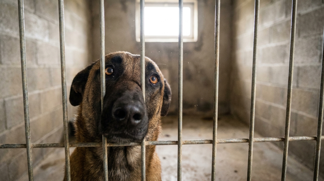Un chien croisé Malinois regarde tristement à travers les barreaux de son box dans un refuge, attendant une seconde chance.