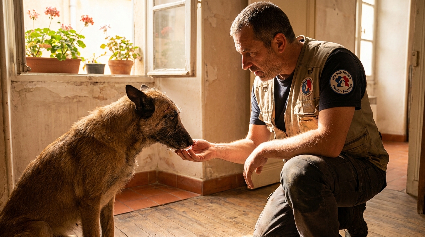Un chien de race Malinois au regard apaisé, assis aux côtés d'un sauveteur bienveillant dans un appartement.