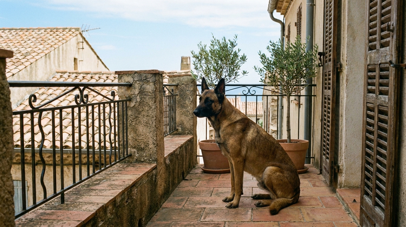 Un chien de race Malinois assis seul sur un balcon en ville, l'air pensif, symbolisant l'inquiétude des habitants de Six-Fours.