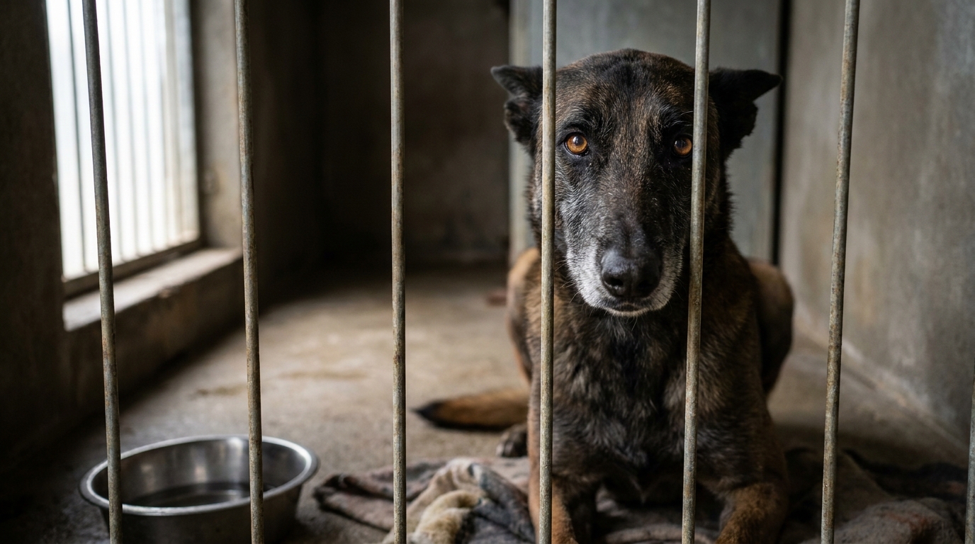 Un chien de race Malinois au regard inquiet et triste, la tête posée entre ses pattes, derrière la grille d'un box de fourrière.