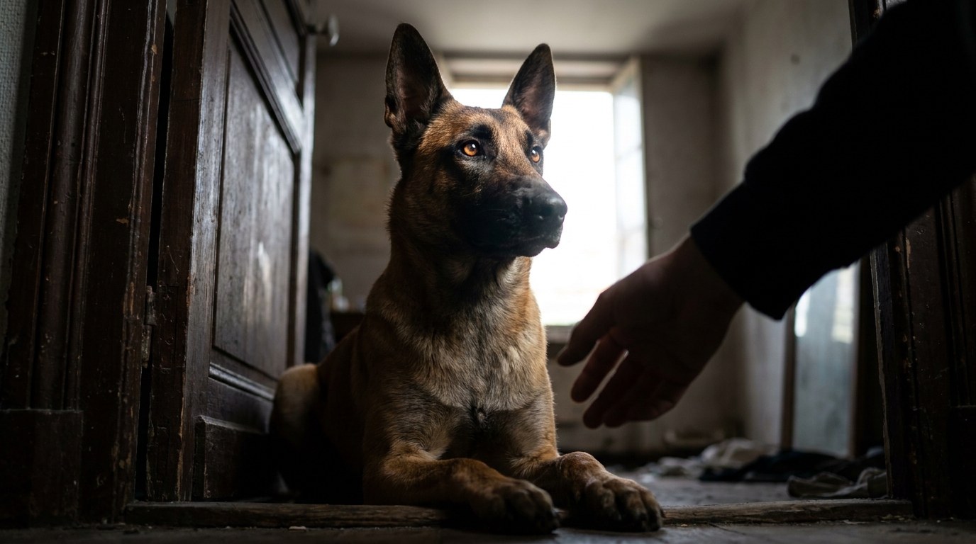 Un jeune chien de race Malinois au regard craintif mais plein d'espoir, assis dans un couloir sombre, symbolisant son sauvetage de la maltraitance.